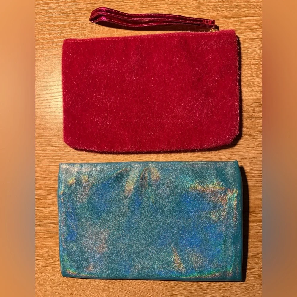 Ipsy Fuzzy Red and Iridescent Blue Pouches